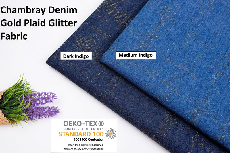 Chambray Denim Gold Plaid Glitter Fabric TM2006 - G.k Fashion Fabrics denim