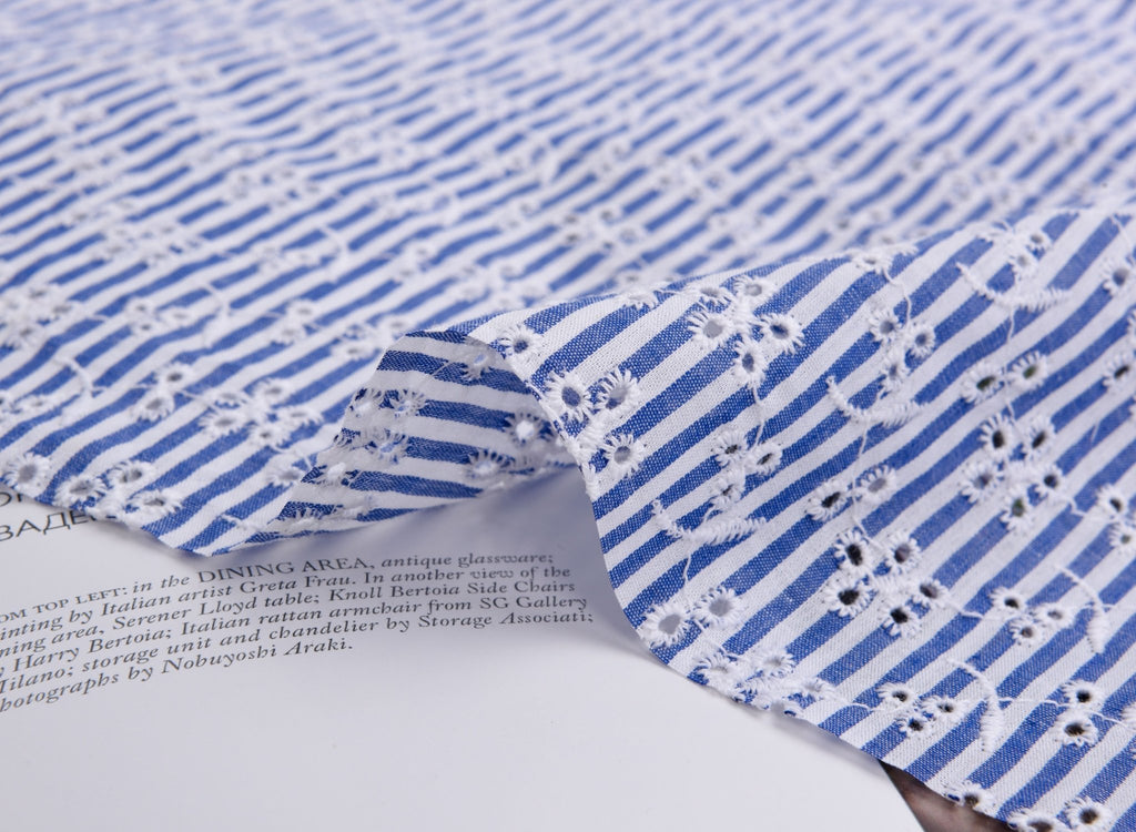 Cotton Blue/White Stripe Eyelet Embroidery Flower Fabric - G11156