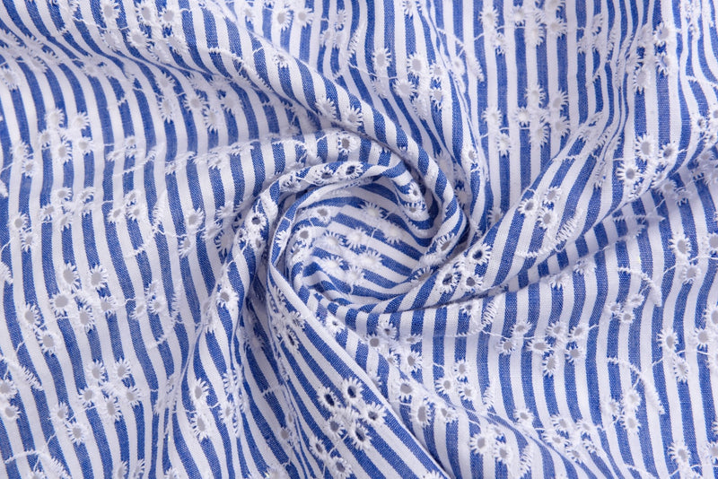 Cotton Blue/White Stripe Eyelet Embroidery Flower Fabric - G11156/021