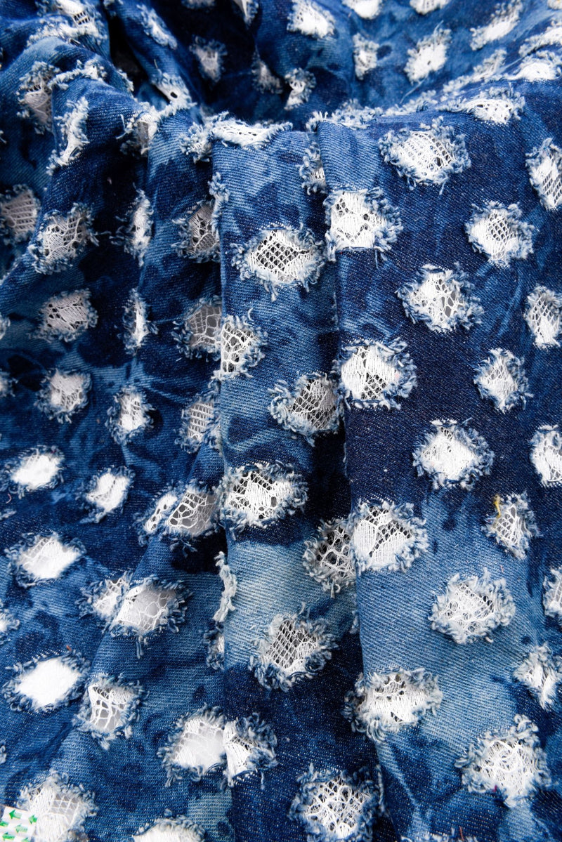 Cotton Denim Ripped Bonded Lace Fabric - G.k Fashion Fabrics denim