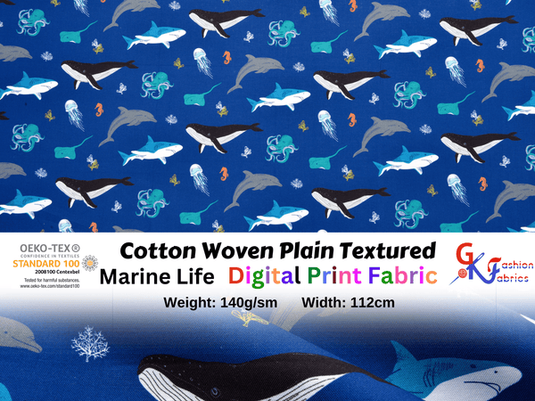 Cotton Woven Plain Textured Marine Life Digital Print Fabric - D#17 - G.k Fashion Fabrics