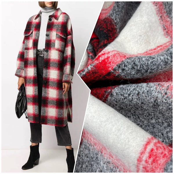 Designer Printed Red/Black Plaid Wool Fabric - G.k Fashion Fabrics fabric