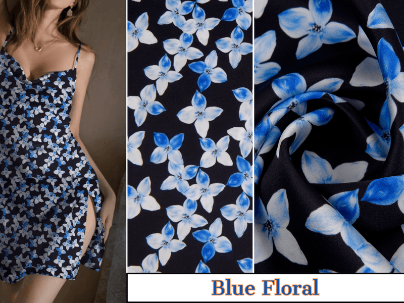 New Original 100% Silk Print Stretch Silk Fabric, 19 Momme Mulberry Silk Fabric.100% CRUELTY-FREE SILK Fashion Apparel width 48 inch - G.k Fashion Fabrics Blue Floral / Price per Half Yard Silk