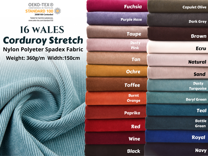 All Colors Pack Swatches - G.k Fashion Fabrics 16Wale Corduroy Stretch Fabric - Classic Retro Corduroy Fabric / 10x10 cm/ All Colors Swatches Pack