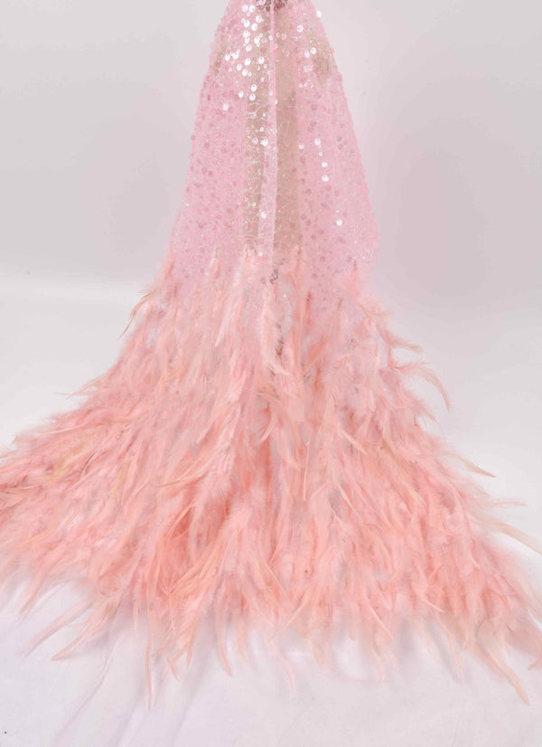Nylon Mesh Hand Work Feather & Sequins Embroidery Fabric, Bridal Wear - G.k Fashion Fabrics Pink / Price per Half Yard bridal