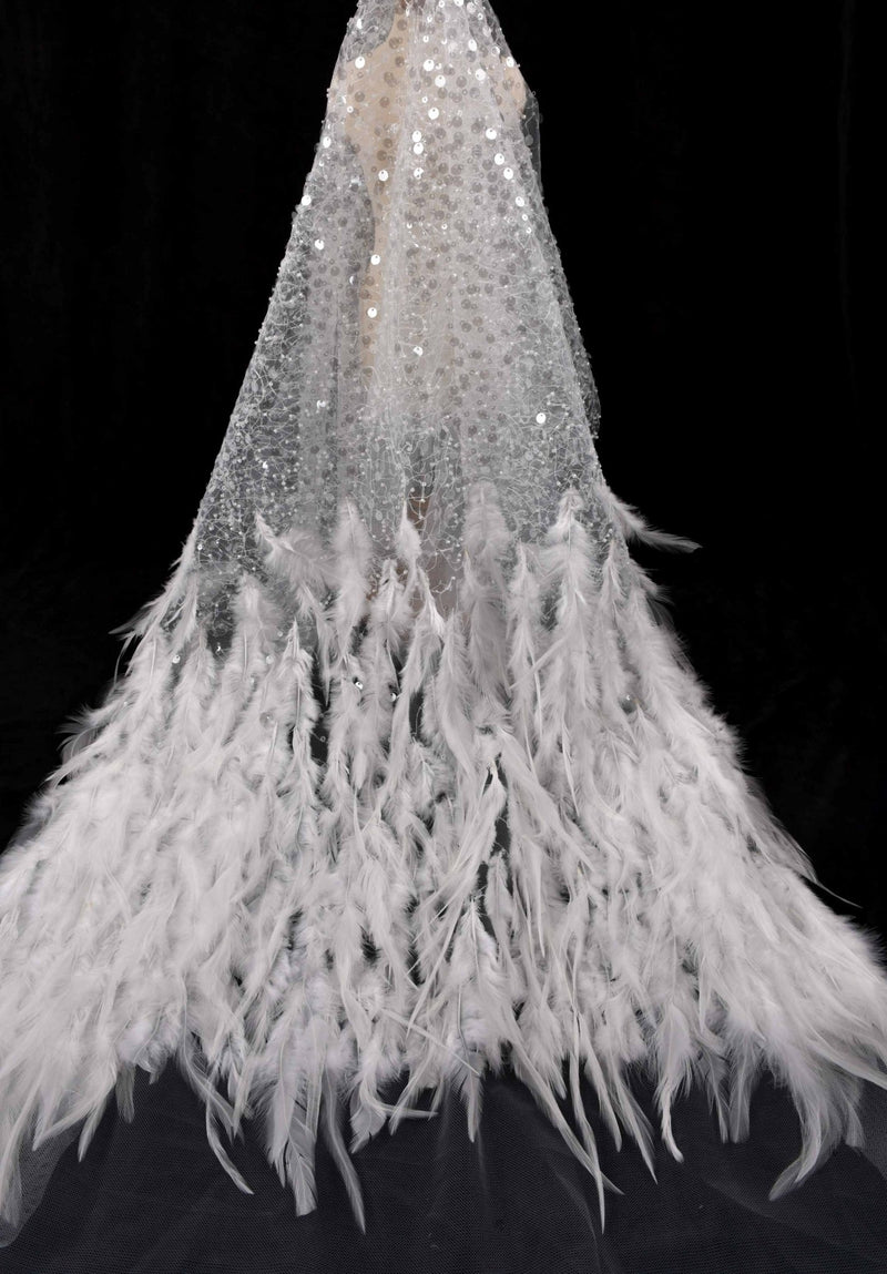 Nylon Mesh Hand Work Feather & Sequins Embroidery Fabric, Bridal Wear - G.k Fashion Fabrics Optical White / Price per Half Yard bridal
