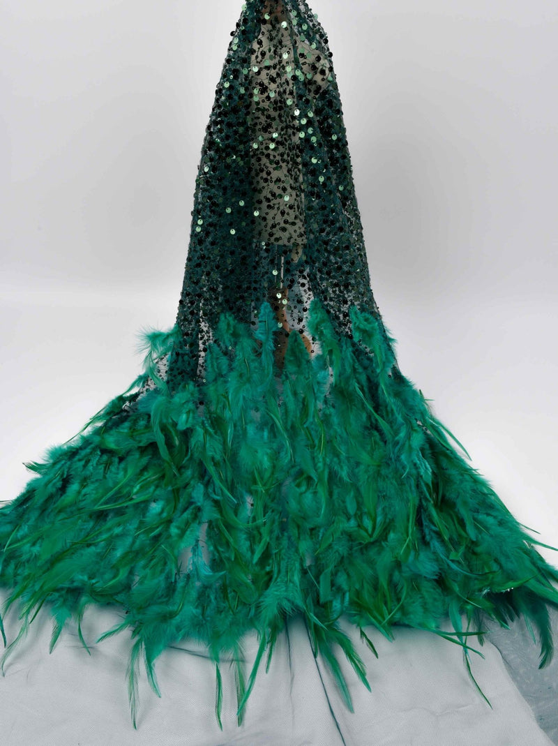 Nylon Mesh Hand Work Feather & Sequins Embroidery Fabric, Bridal Wear - G.k Fashion Fabrics Emerald Green / Price per Half Yard bridal