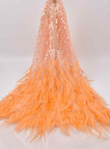 Nylon Mesh Hand Work Feather & Sequins Embroidery Fabric, Bridal Wear - G.k Fashion Fabrics Peach / Price per Half Yard bridal