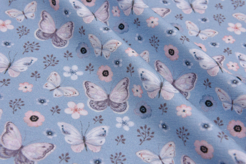 Organic Knit Cotton Spandex Jersey Butterfly with Flowers Digital Print Fabric - 5078 - G.k Fashion Fabrics jersey