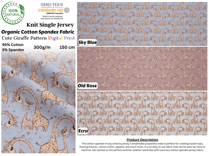 Organic Knit Cotton Spandex Jersey Cute Giraffe Digital Print Fabric - 5067 - G.k Fashion Fabrics