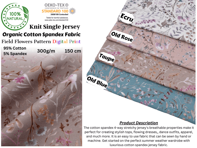 Organic Knit Cotton Spandex Jersey Field Flowers Digital Print Fabric - 5034 - G.k Fashion Fabrics