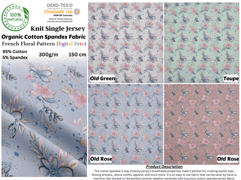 Organic Knit Cotton Spandex Jersey French Floral Digital Print Fabric - 5064 - G.k Fashion Fabrics