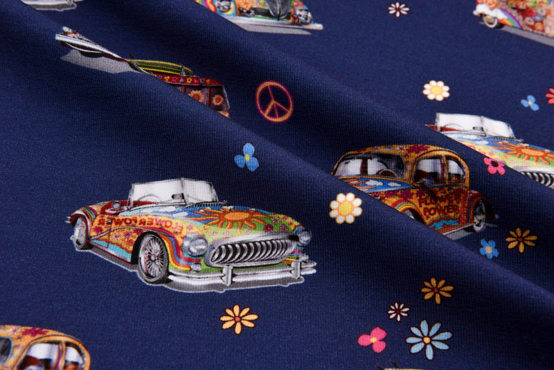 Organic Knit Cotton Spandex Jersey Hippy Cars Digital Print Fabric