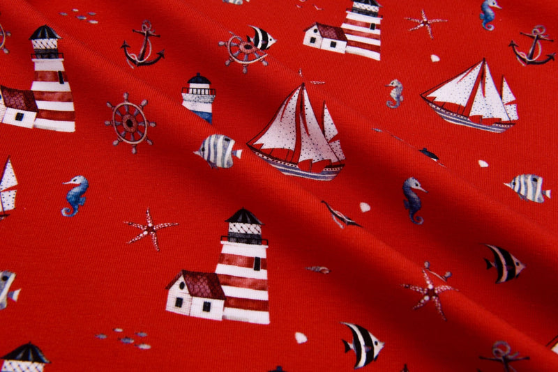 Organic Knit Cotton Spandex Jersey Lighthouse Digital Print Fabric - 5052 - G.k Fashion Fabrics Red - 15 / Price per Half Yard jersey
