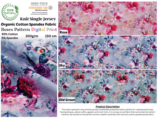 Organic Knit Cotton Spandex Jersey Roses Digital Print Fabric - 6045 - G.k Fashion Fabrics
