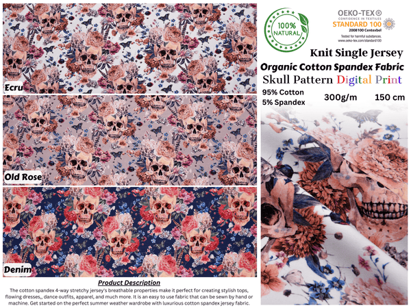 Organic Knit Cotton Spandex Jersey Skulls Digital Print Fabric - 5043 - G.k Fashion Fabrics