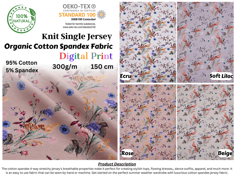 Organic Knit Cotton Spandex Jersey Wild Flowers Digital Print Fabric - 5037 - G.k Fashion Fabrics
