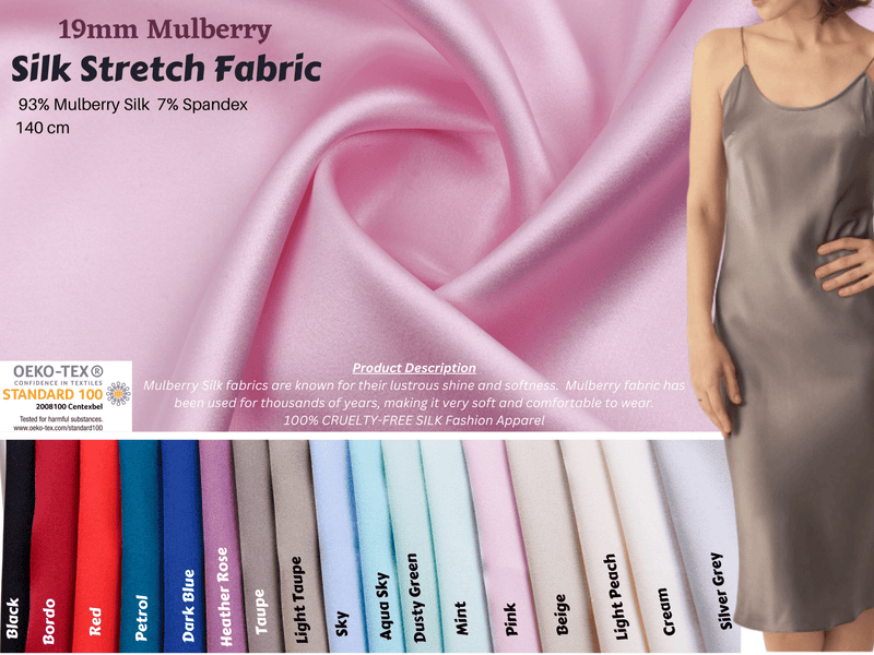 Original 100% Silk Stretch Silk Fabric, 19 Momme Mulberry Silk Fabric.100% CRUELTY-FREE SILK Fashion Apparel width 48 inch - G.k Fashion Fabrics