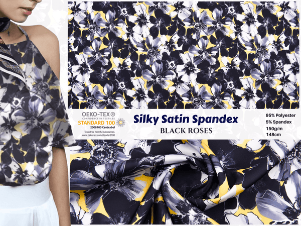 Premium Stretch Silky Satin Digital Print Fabric- Black- Roses-#7/1 - G.k Fashion Fabrics