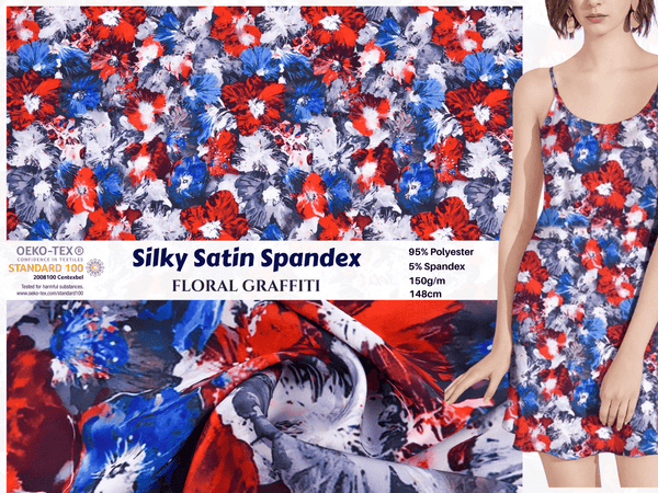 Premium Stretch Silky Satin Digital Print Fabric- Floral Graffiti-14/1 - G.k Fashion Fabrics