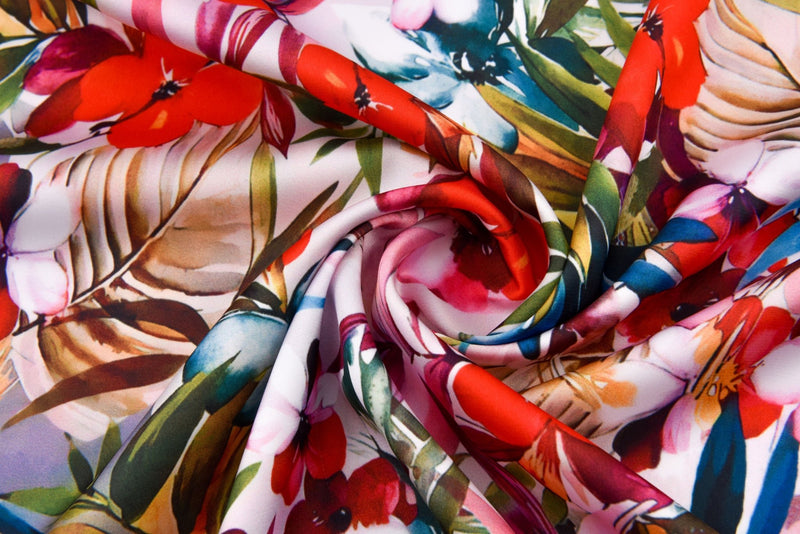Premium Stretch Silky Satin Digital Print Fabric- Tropic Mist -#13/1 - G.k Fashion Fabrics