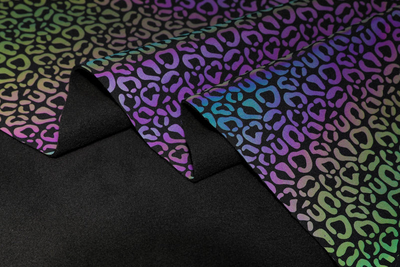 Rainbow Reflective Leopard Print Softshell Fabric, Water-resistant